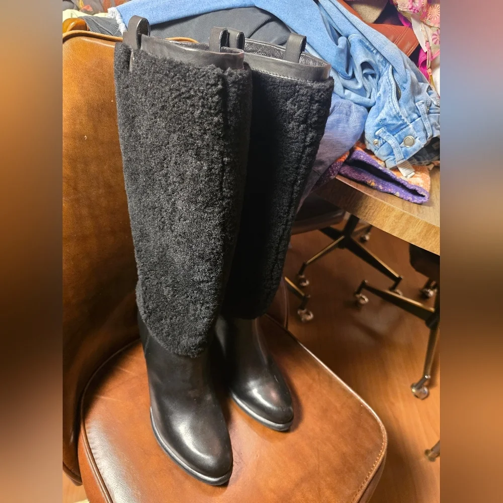 Ugg Black Ava Exposed Shearling Knee-High Boots 9.5 NWOT